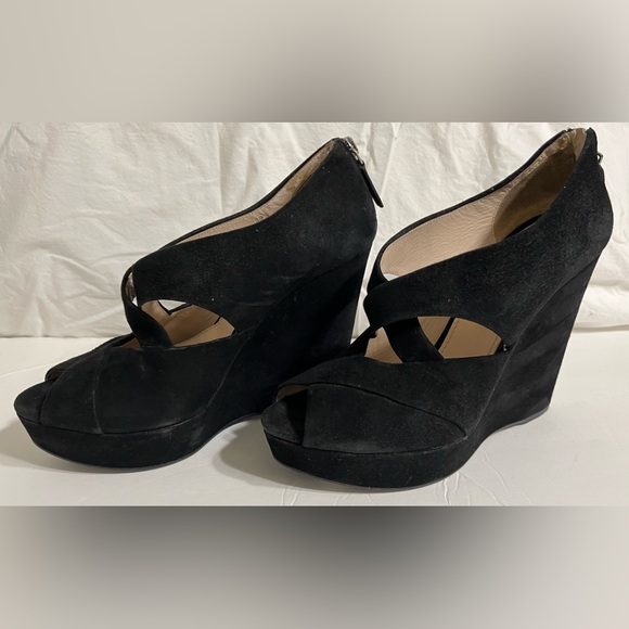 Prada Suede Sandals Black Cutout Accent Slingback Wedge Style Quality Leather - Picture 4 of 7